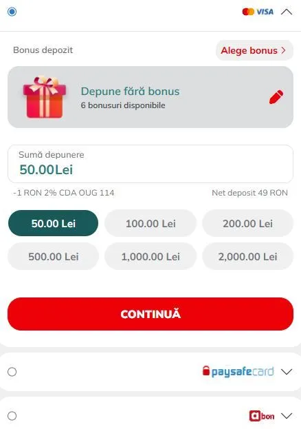 Sectiunea de depuneri de la Bet7 Casino