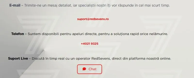 Sectiunea de suport clienti la RedSevens Casino