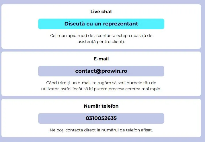 Sectiunea de suport clienti de la Prowin Casino