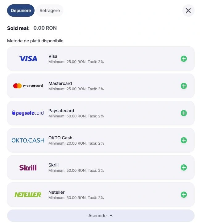 Metode de plata la Swiper Casino