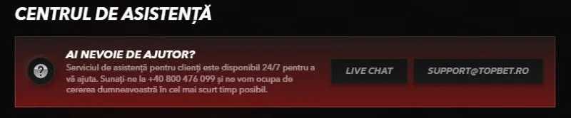 Sectiunea de asistenta clienti de la TopBet Casino