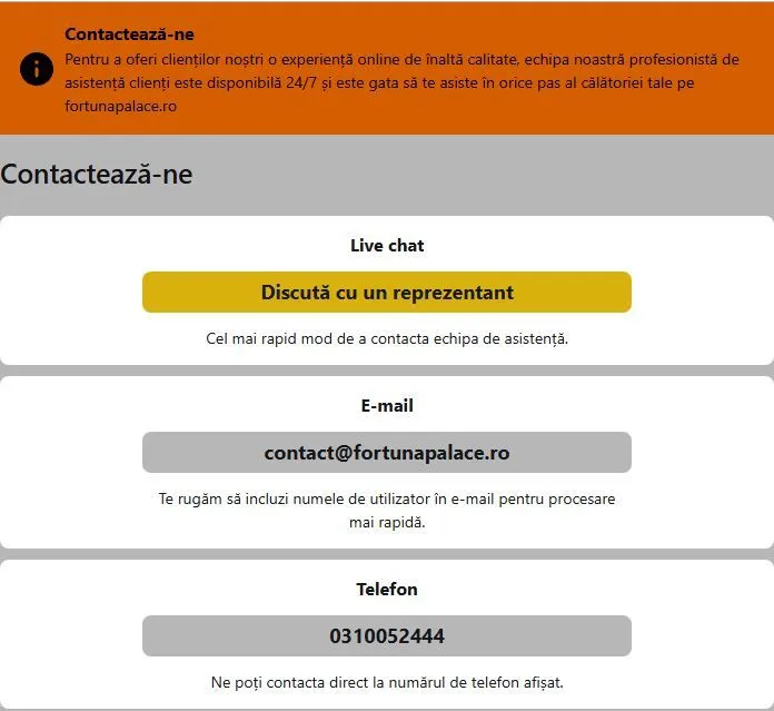 Sectiunea de suport clienti la Fortuna Palace Casino