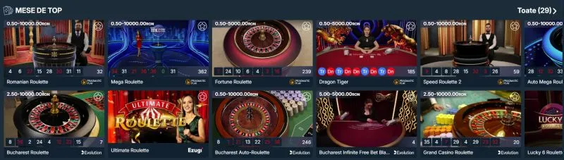 Sectiunea de live casino de la Ultrabet Casino