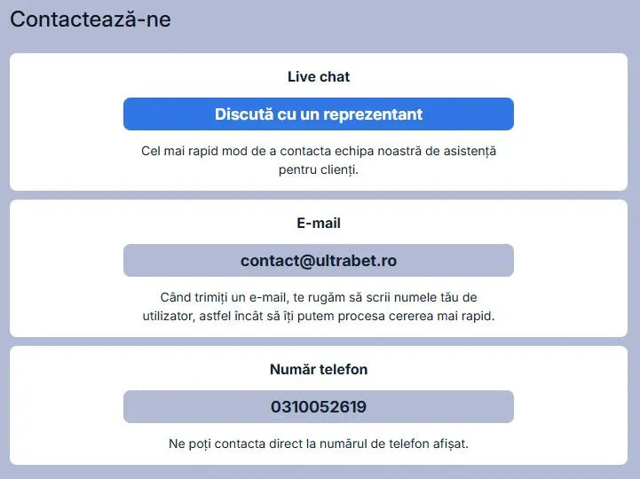 Sectiunea de suport clineti de la Ultrabet Casino