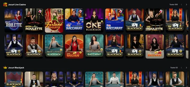 Sectiunea de live casino de la Win2 Casino