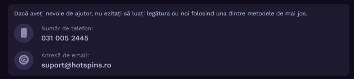 Sectiunea suport clienti la Hot Spins Casino