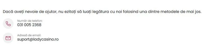 Sectiunea suport clienti la Lady Casino