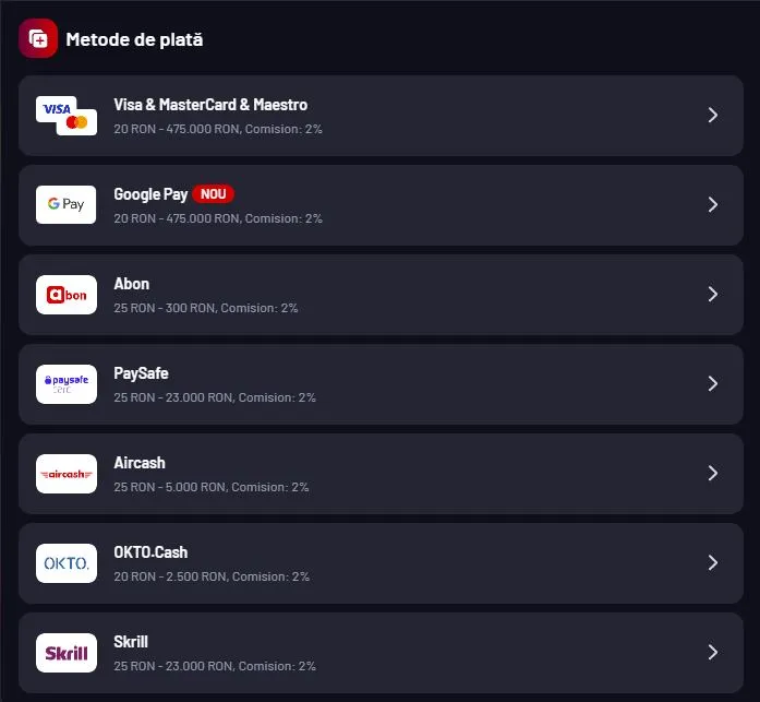 Metode de plata la Maxbet Casino