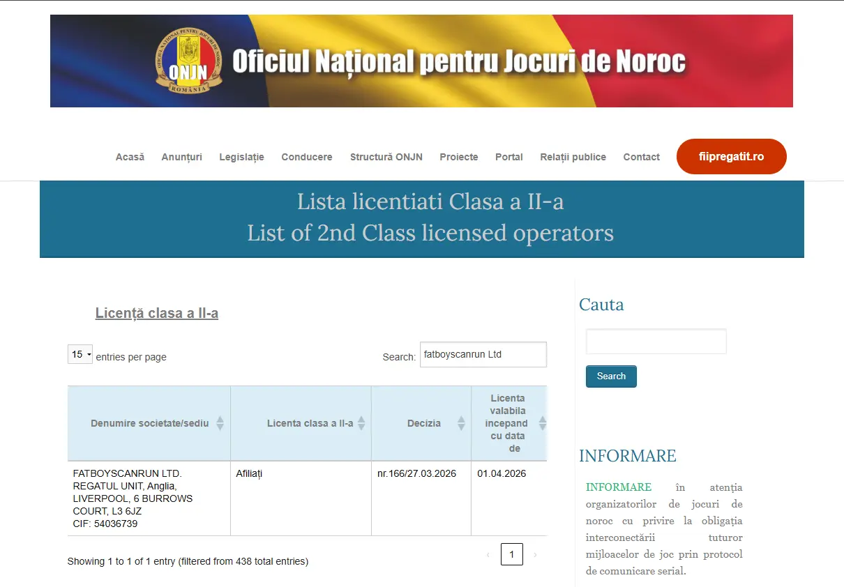 Licența ONJN clasa 2-a a Casinolegal.ro (Fatboyscanrun Ltd)