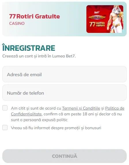 Cum te inregistrezi la Bet7 Casino