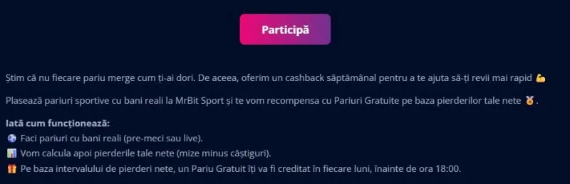 Termenii si conditiile bonusul cashback de la Mr Bit Casino