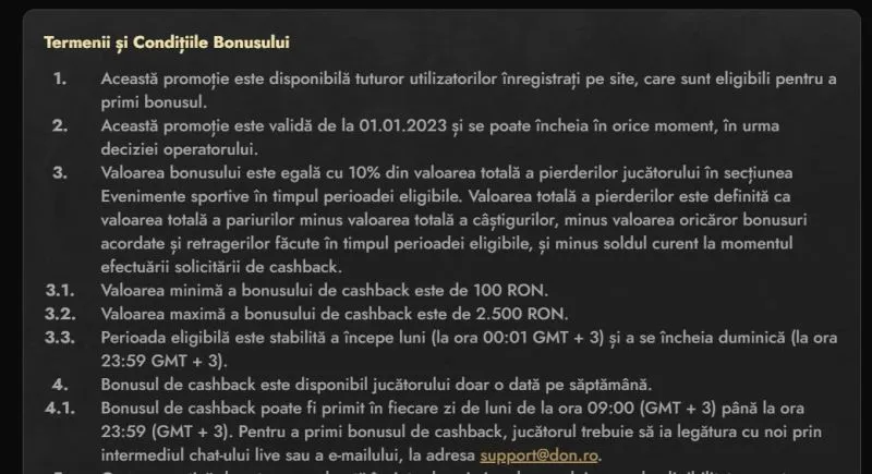 Termenii si conditiile bonusului cashback de la Don Ro Casino