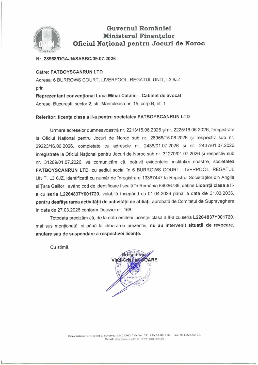 Licență ONJN de clasa a II-a cu seria L2264837Y001720, eliberată societății Fatboyscanrun Ltd pentru site-ul Casinolegal.ro