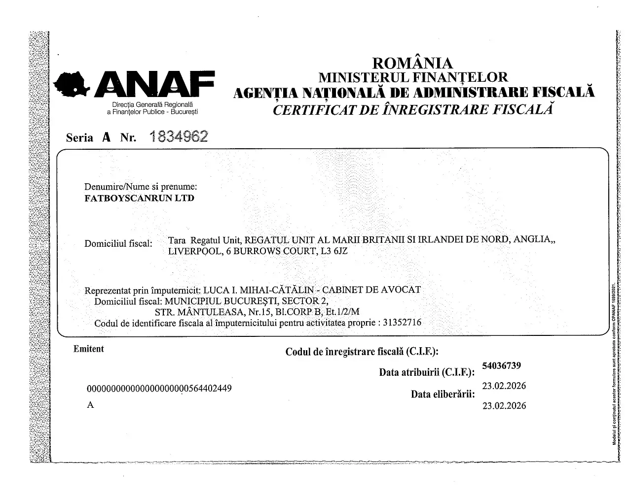 Certificat de înregistrare fiscală pentru Fatboyscanrun LTD cu CIF 54036739 în România