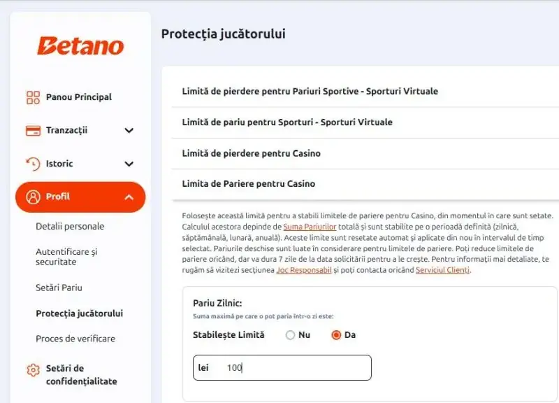 Limite de control la Betano Casino