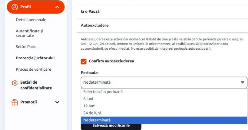 Autoexcludere la Betano Casino