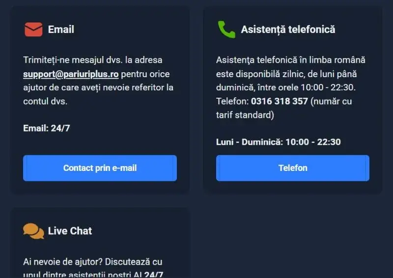 Suportul clienți la PariuriPlus Casino