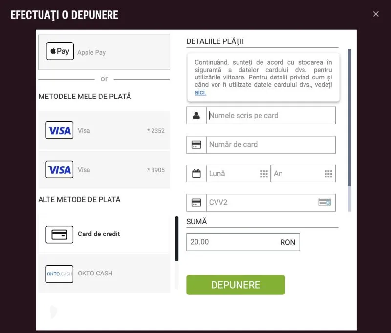 Procesul de depunere prin card de credit la Superbet Casino
