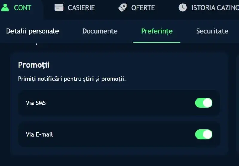 Sectiunea contul meu la King Casino