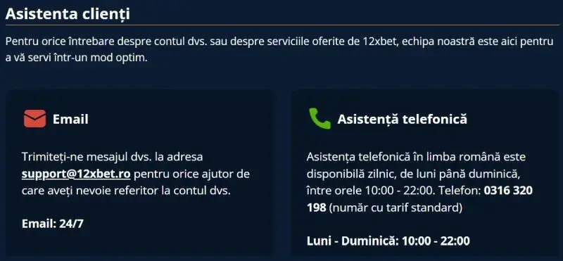 Suport clienți 12xBet