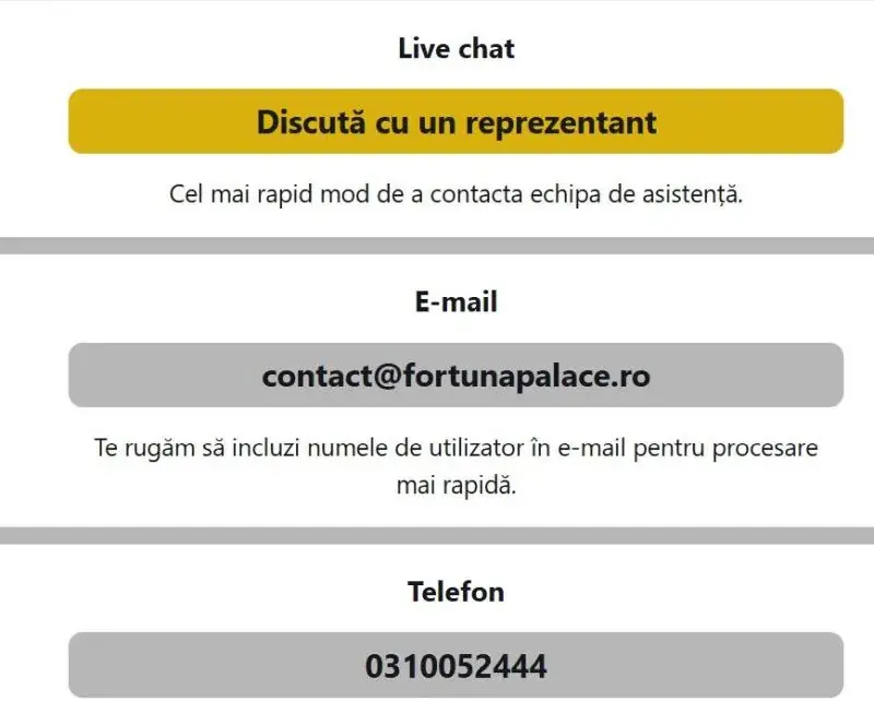 Serviciul clienți la Fortuna Palace Casino