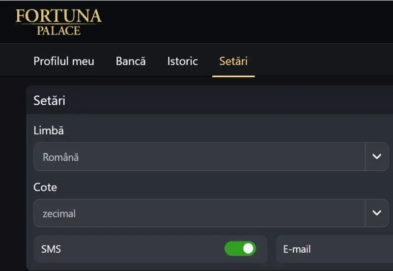 Sectiunea profilul meu la Fortuna Palace Casino