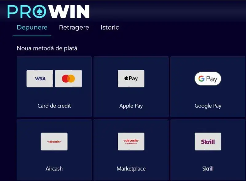Metode de plată și retrageri la Prowin Casinoo