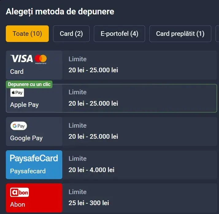 Metode de plată la Frank Casino