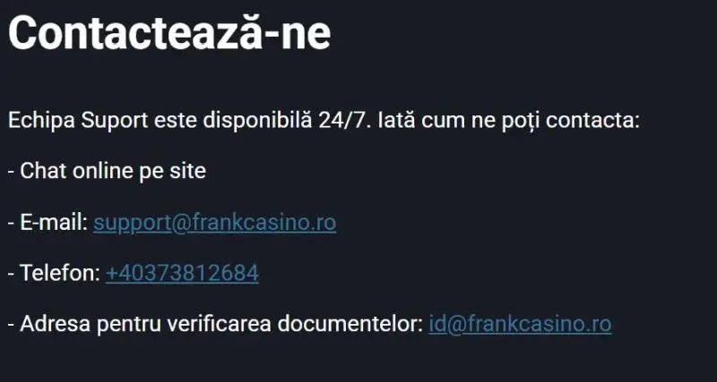 Suportul clienți la Frank Casino
