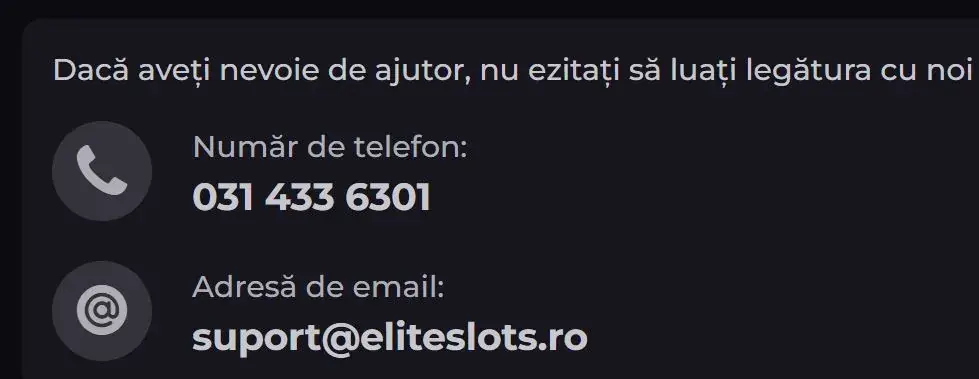 Asistență clienți la Elite Slots Cazino
