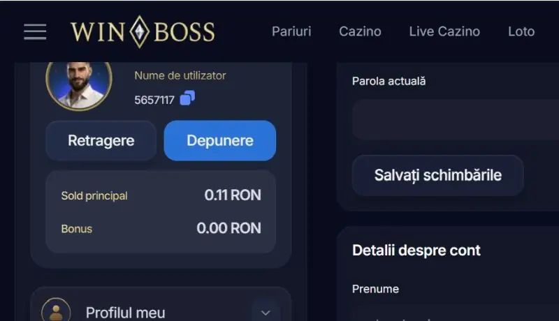 Sectiunea contul meu la WinBoss Casino